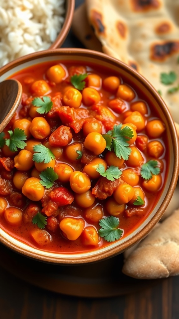 A bowl of spicy chana masala with chickpeas in tomato sauce, garnished with cilantro, served with rice and naan.